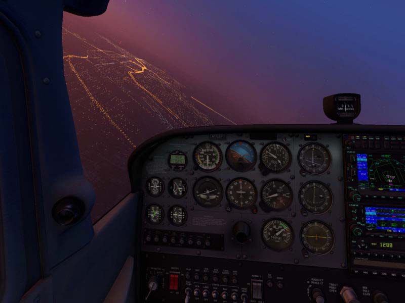 Cessna 172SP cockpit sunset